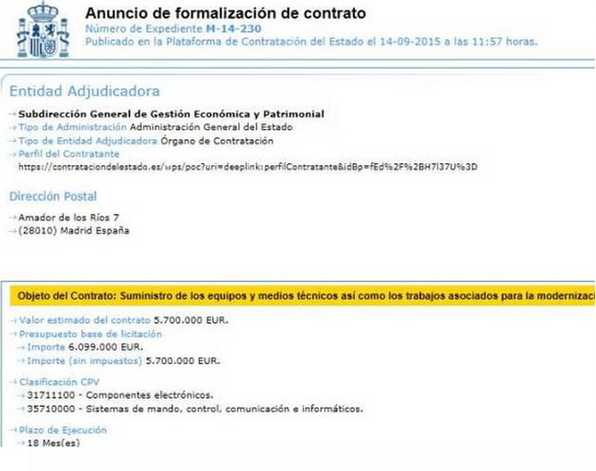 Captura del contrato de 2015 con el que se compró el radar para ampliar el SIVE en Lanzarote.