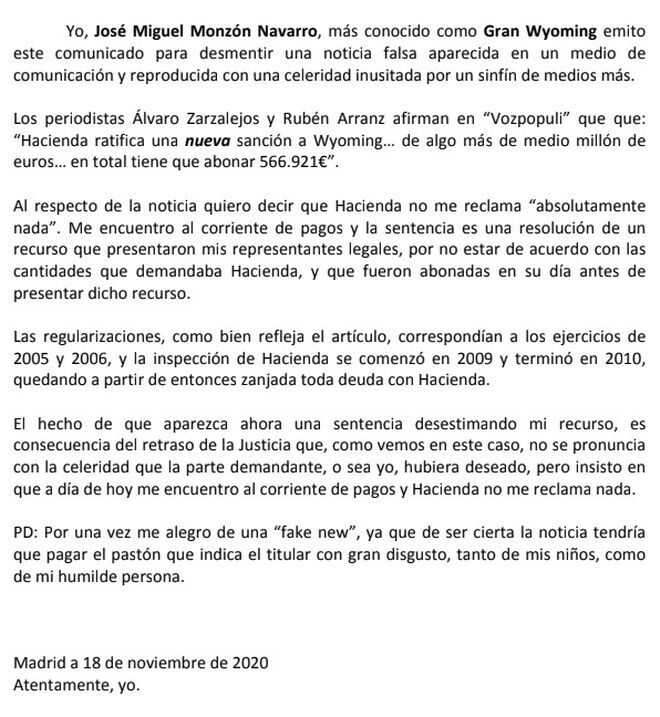Comunicado de José Miguel Monzón