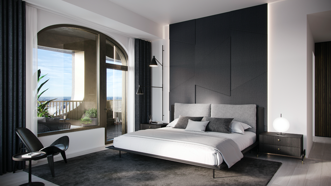 El dormitorio principal ofrece líneas nítidas, combinadas con materiales cálidos y acogedores.