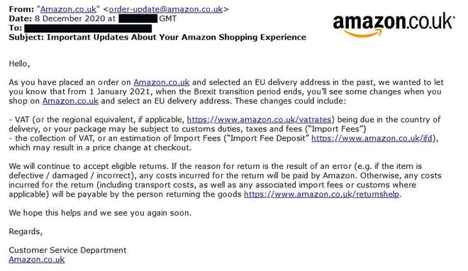 Correo electrónico que informa de los cambios en Amazon