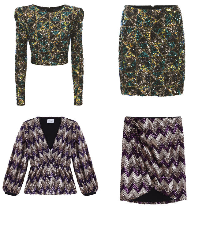 GUESS Conjunto multicolor. PVP: 229€ // ANTIK BATIK Conjunto en zigzag. PVP: 295€ (blusa) y 235€ (falda)
