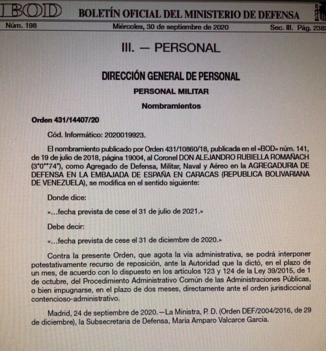 Orden de Margarita Robles que adelanta el cese del agregado militar en Venezuela.