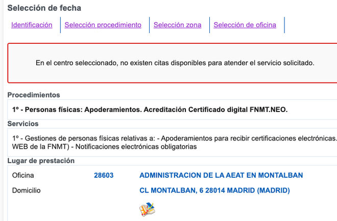 Para el certificado digital  "no existen citas disponibles", advierte en un mensaje la Agencia Tributaria a los usuarios .