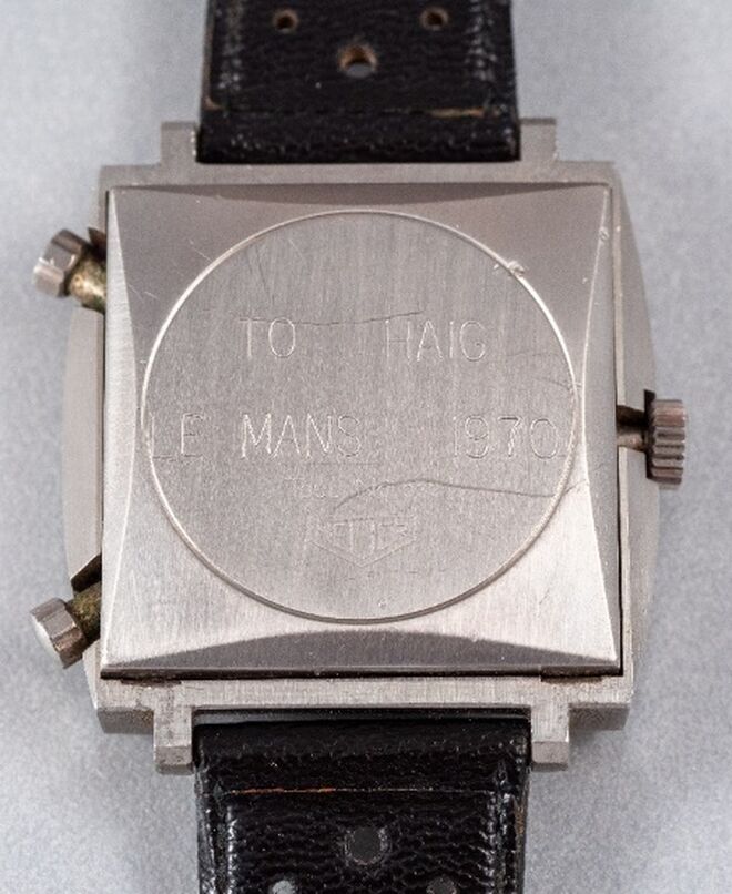 En el fondo de la caja, el  reloj tiene grabado "TO HAIG Le MANS 1970"