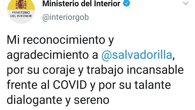 Tuit emitido por Fernando Grande-Marlaska desde la cuenta de Twitter del  Ministerio del Interior que posteriormente ha sido borrado