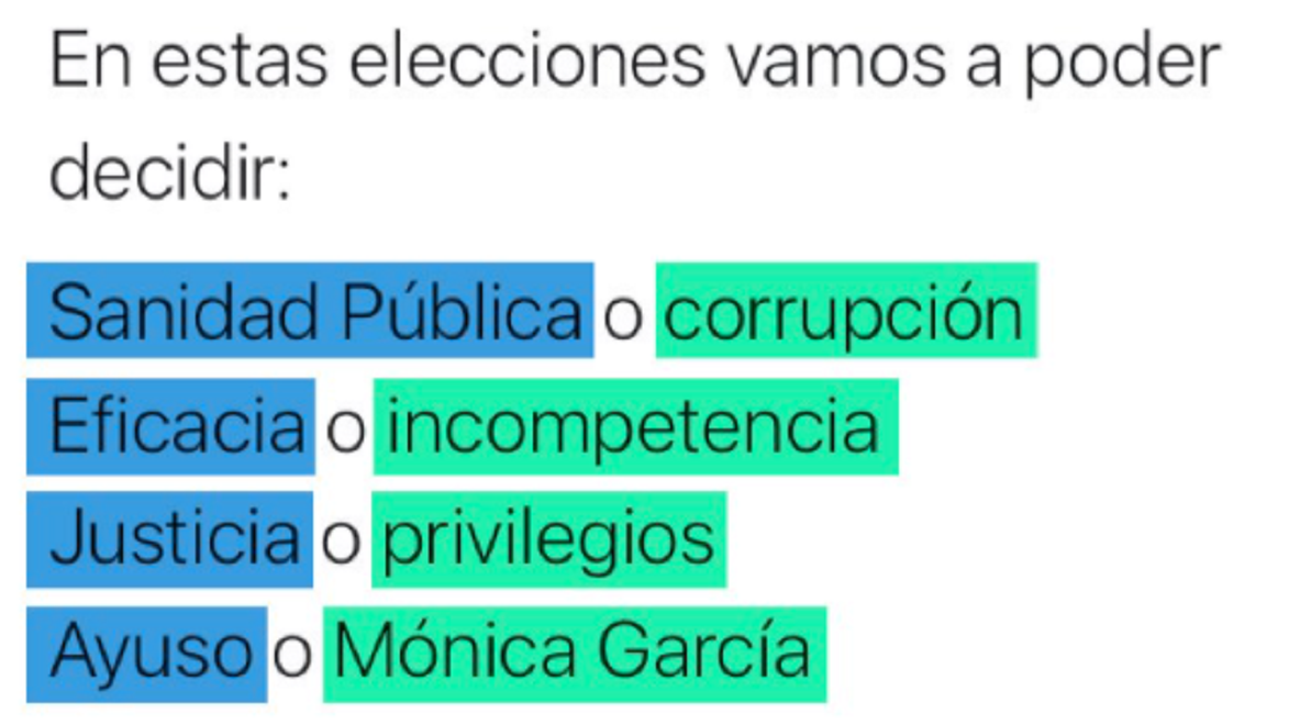 Un tuit de una cuenta de Más Madrid vincula a su candidata con la corrupción.