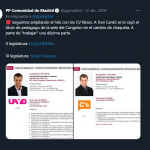 Tuit que el PP de Madrid publicó el 12 de abril de 2018 sobre el cambio en el CV de Toni Cantó.