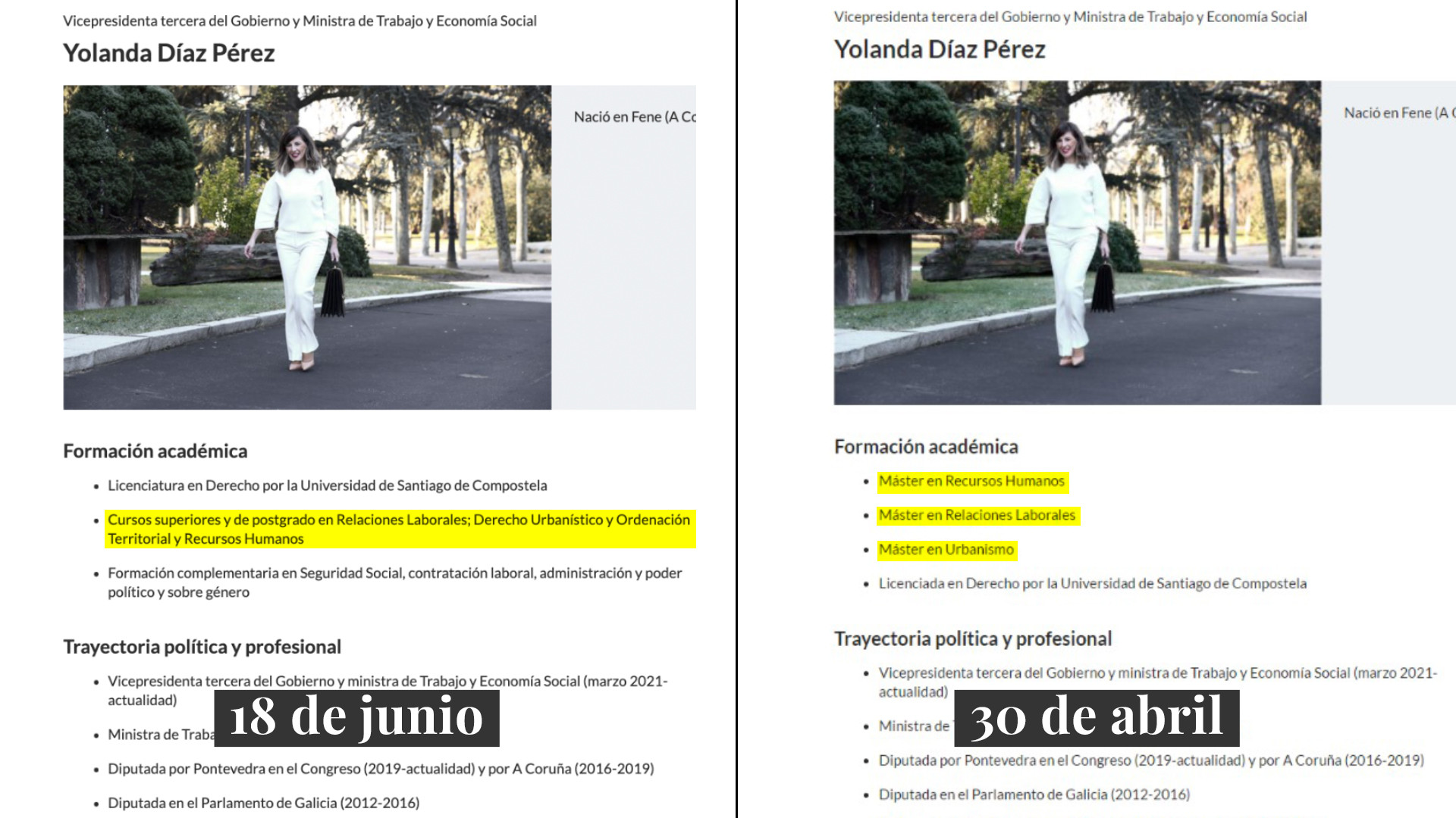 A la izquierda, la formación académica de Yolanda Díaz a fecha de 18 de junio; a la derecha, a fecha de 30 de abril.