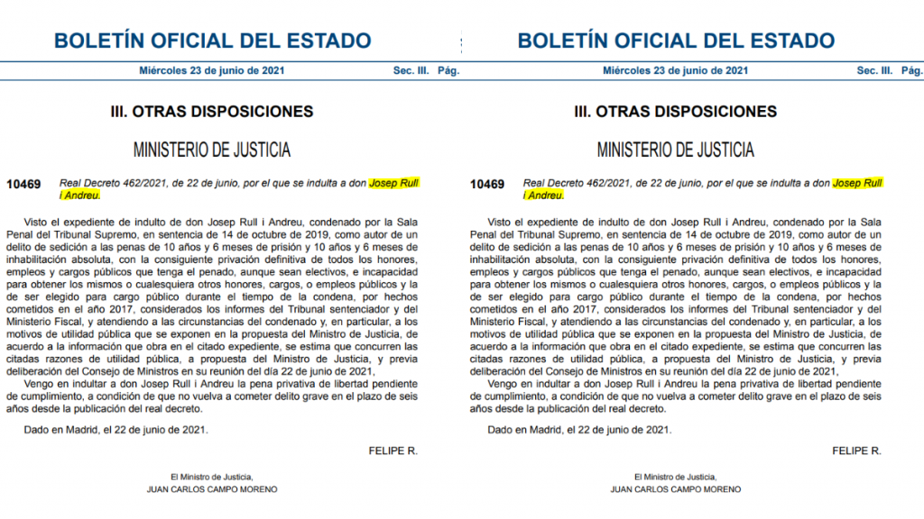 Los indultos a Jordi Turull y Josep Rull en el BOE.