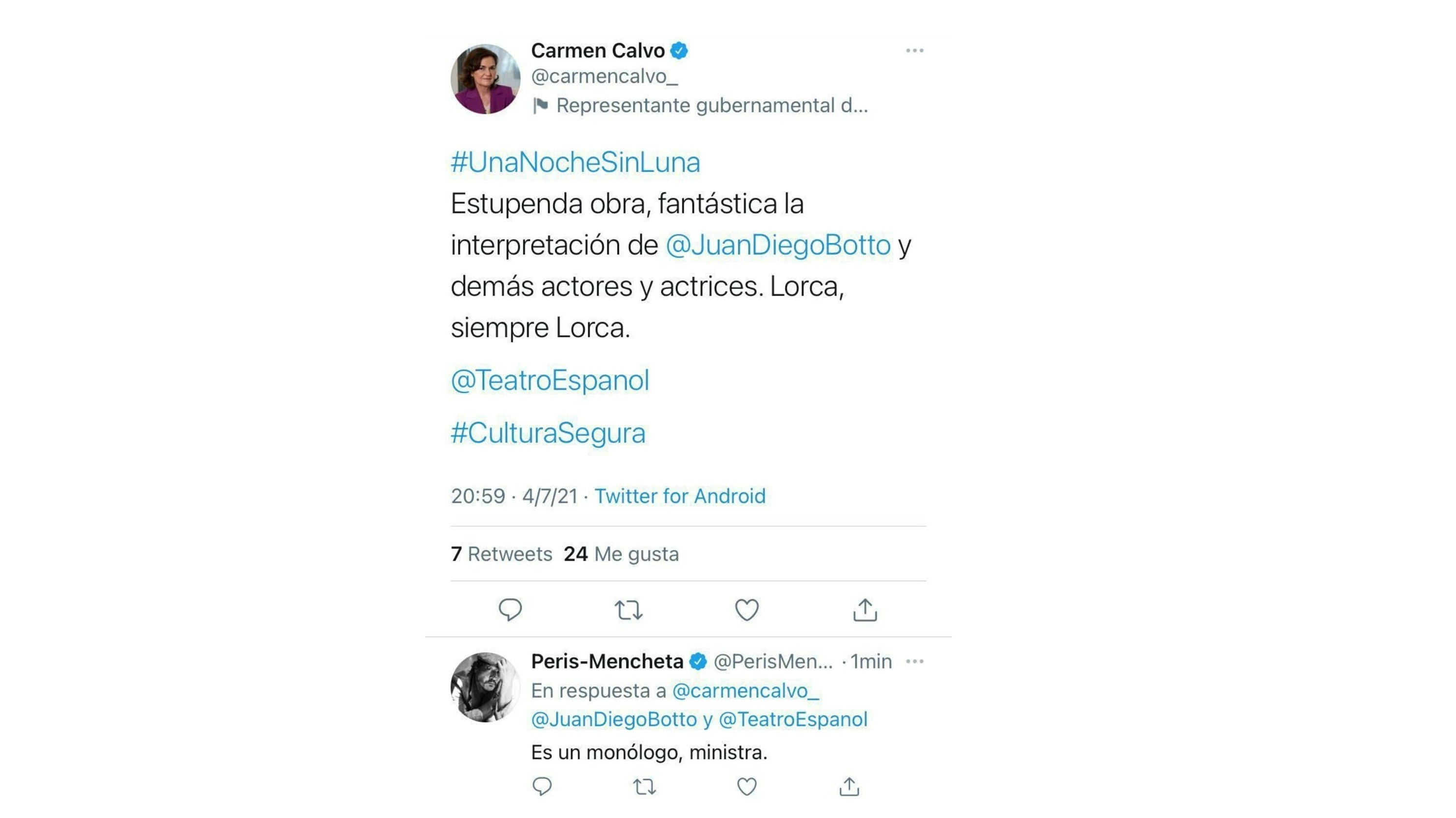 Carmen Calvo indigna a las redes tras felicitar a los supuestos actores de un monólogo