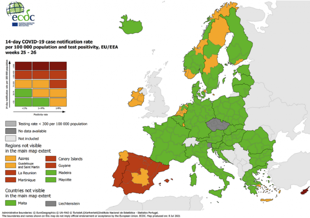 España, Portugal y Chipre, únicos destinos en rojo por coronavirus en el mapa de la UE