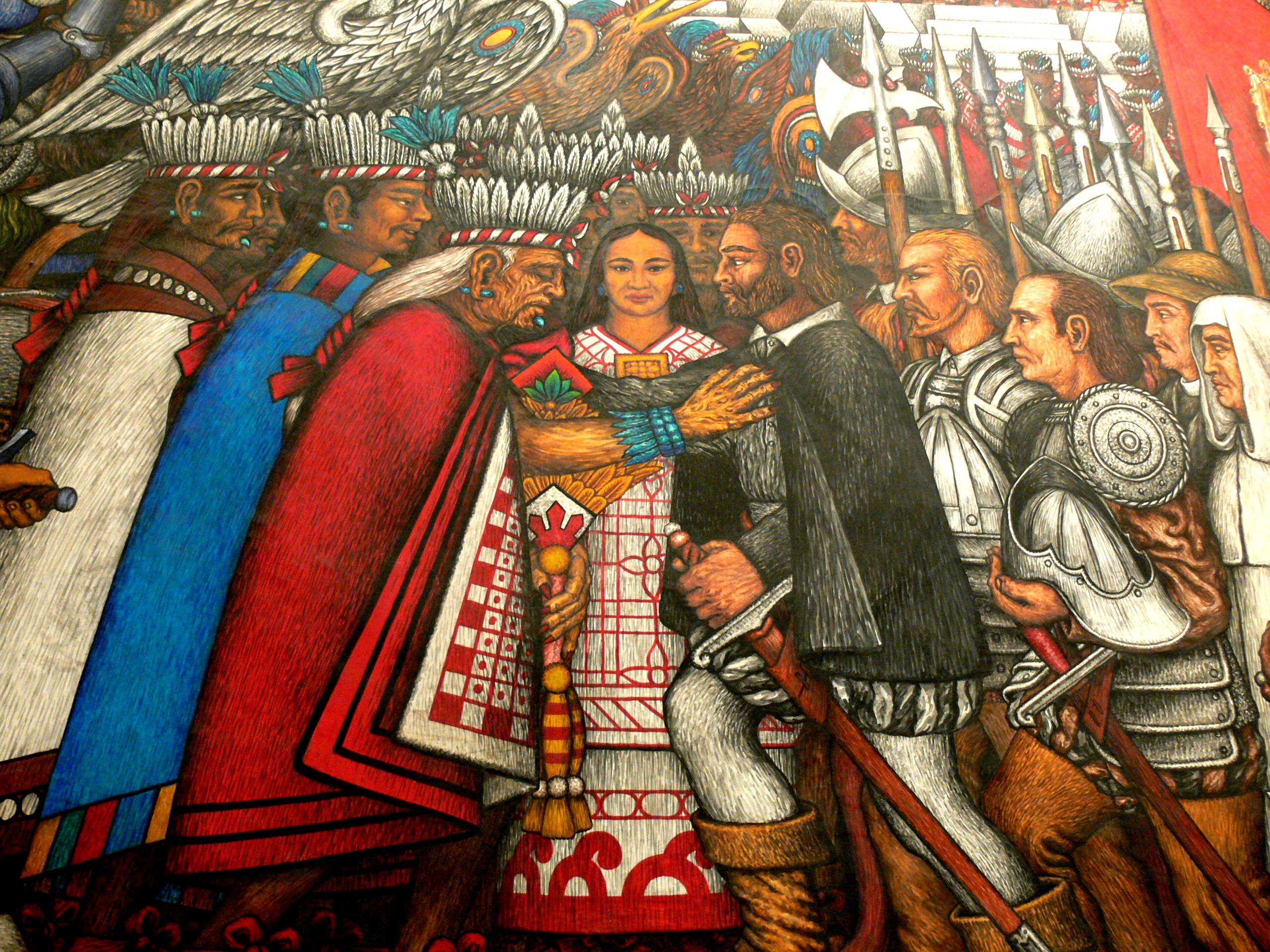La Malinche traduce las conversaciones de Cortés con los tlaxcaltecas, obra del famoso muralista Desiderio Hernández Xochitiotzin en el Palacio de Gobierno de Tlaxcala.
