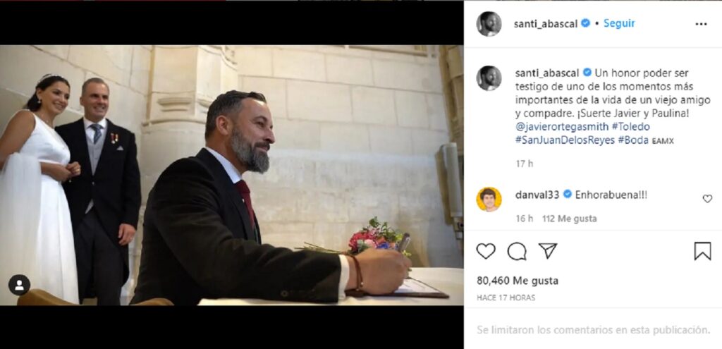 Santiago Abascal fue testigo de la boda de Ortega Smith y Paulina