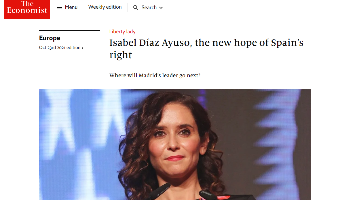 'The Economist' asegura que Ayuso es "la esperanza de la derecha española"