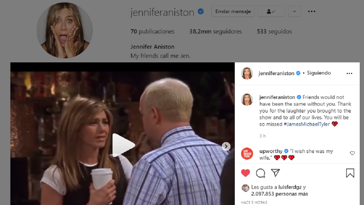 Mensaje de Jennifer Aniston a James Michael Tyler, quien dio vida a Gunther en 'Friends'. Instragram.