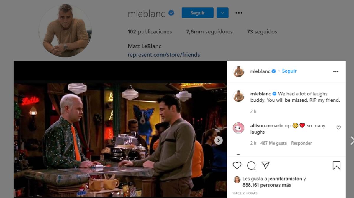 Mensaje de Matt LeBlanc a James Michael Tyler. Instagram, quien dio vida a Gunther en 'Friends'.