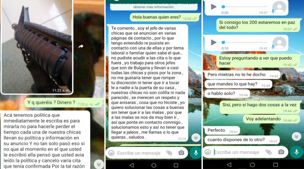 Mensajes enviados por los extorsionadores ocultos tras los falsos anuncios de prostitución