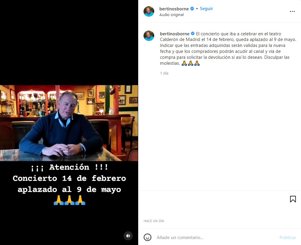 Bertín Osborne cancela el concierto de Madrid y lo pospone a mayo