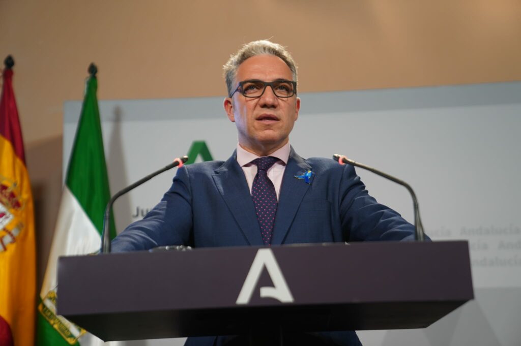 El consejero de Presidencia de la Junta de Andalucía, Elías Bendodo, este martes en rueda de prensa. FOTO/ Junta de Andalucía