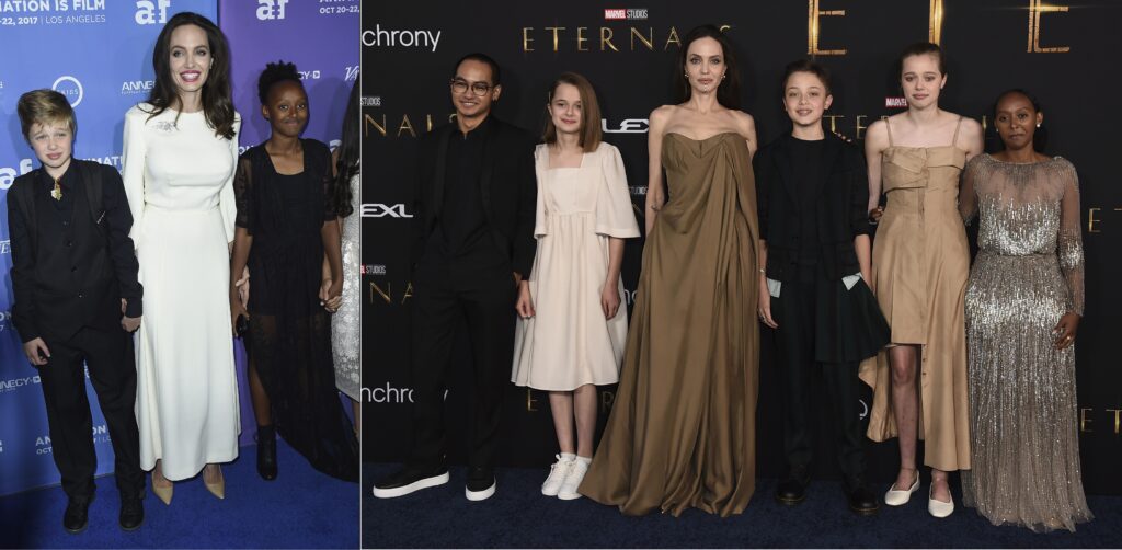 Imagen de Shiloh Jolie-Pitt en 2017 y con sus hermanos, en 2021