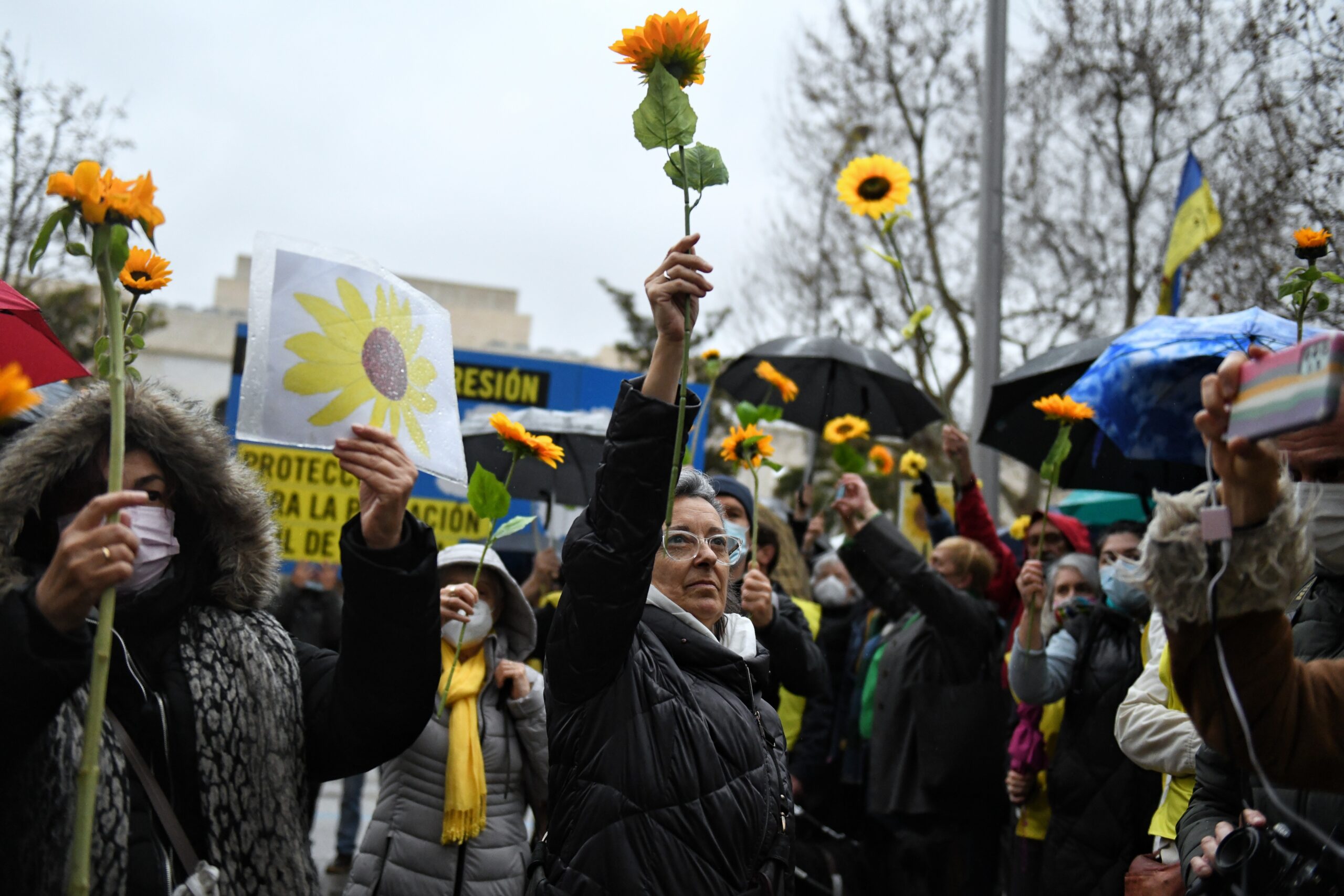 Varias personas sostienen girasoles en una manifestación en contra de la guerra