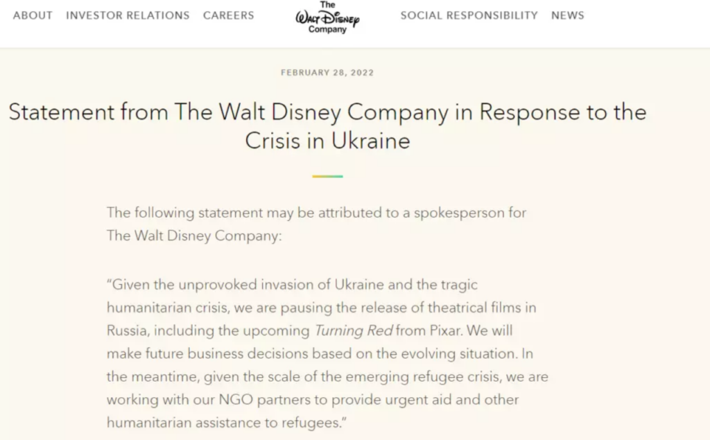 Comunicado de Disney sobre su cese de estrenos en Rusia