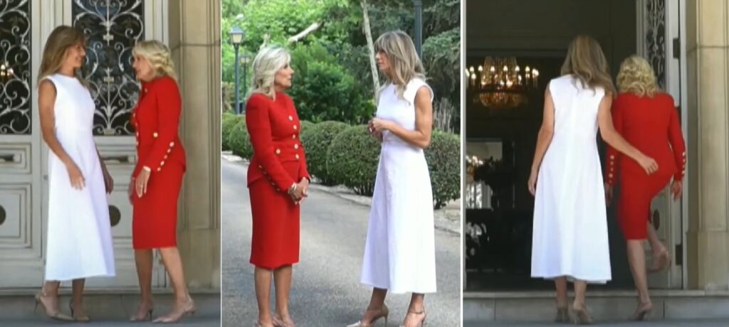 Begoña Gómez se decantó por un vestido blanco y Jill Biden, por uno rojo