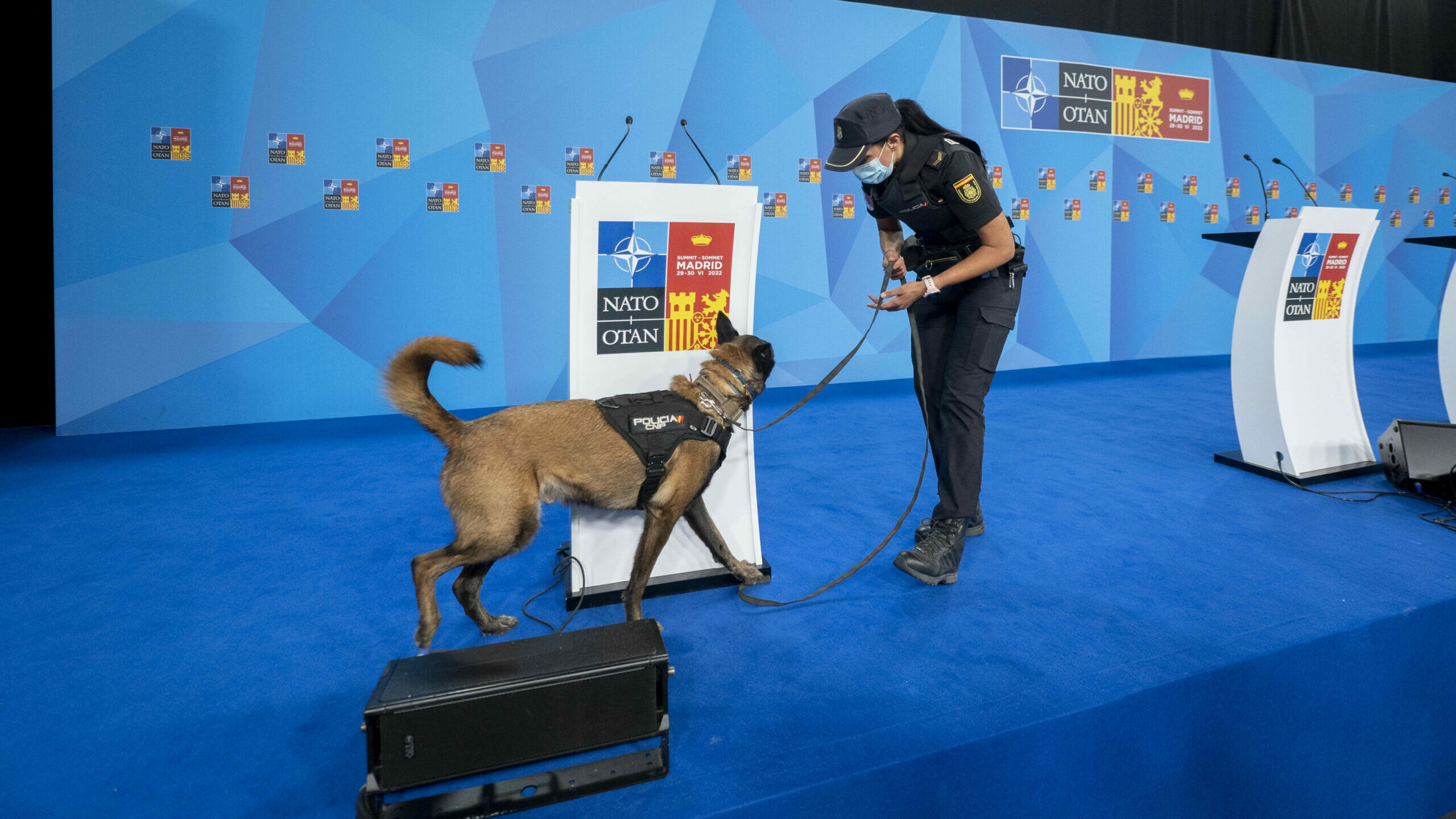 Una agente de la Policía Nacional con un perro adiestrado en Ifema. Alberto Ortega / Europa Press.