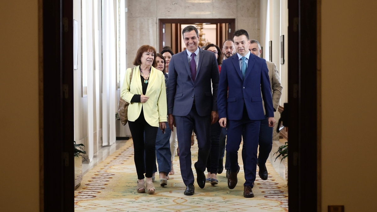 (I-D) La presidenta del PSOE, Cristina Narbona; el presidente del Gobierno, Pedro Sánchez y el portavoz del PSOE en el Congreso, Héctor Gómez, este miércoles en el Congreso.