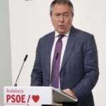 El secretario general del PSOE-A, Juan Espadas, durante su rueda de prensa de este martes. Foto/ Europa Press