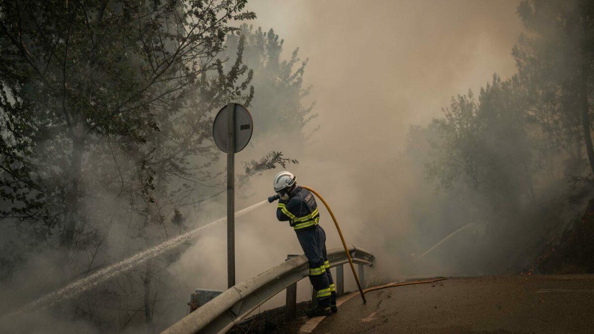 Un bombero forestal realiza labores de extinción en el incendio de O Barco de Valdeorras (Ourense)