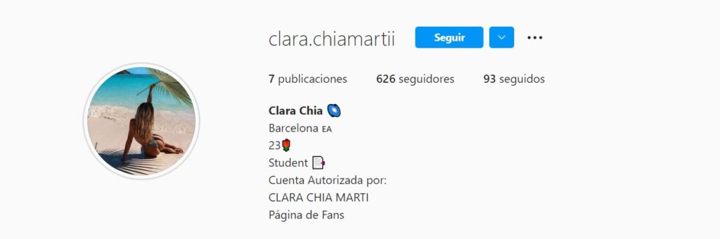 Información de la cuenta de Instagram creada por los fans de Clara Chia Marti