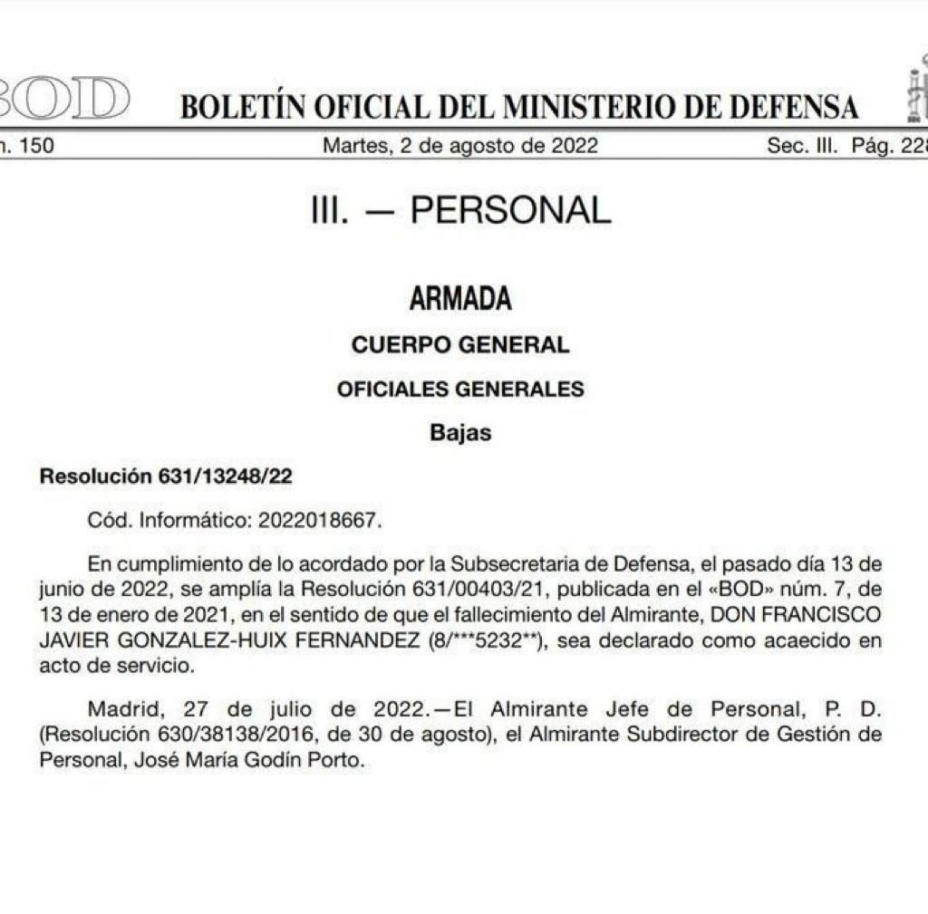 Resolución del BOD sobre el almirante González-Huix