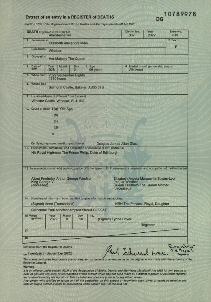 Certificado de defunción de la reina Isabel II