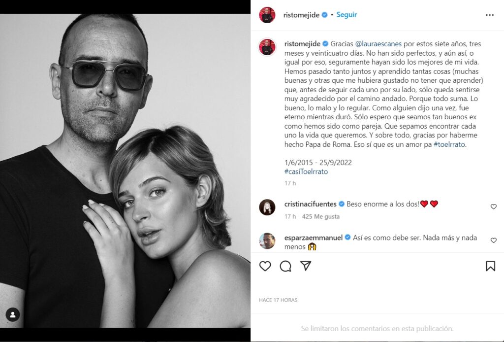 Risto Mejide anuncia la sepración de Laura Escanes en un comunicado en su Instagram