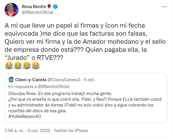 Rosa Benito acusa a Rocío Carrasco de presentar una factura falsa