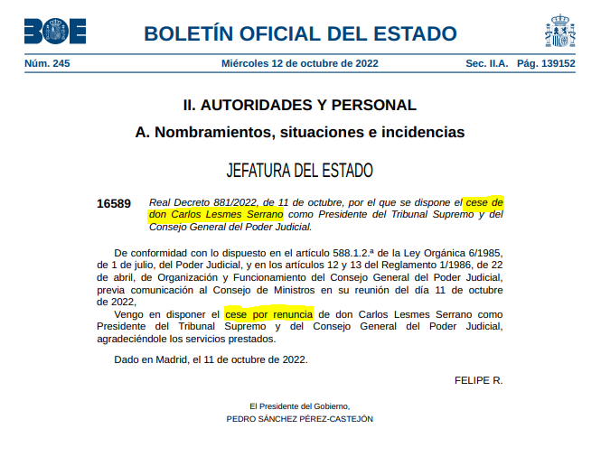 El BOE publica el cese por renuncia de Carlos Lesmes