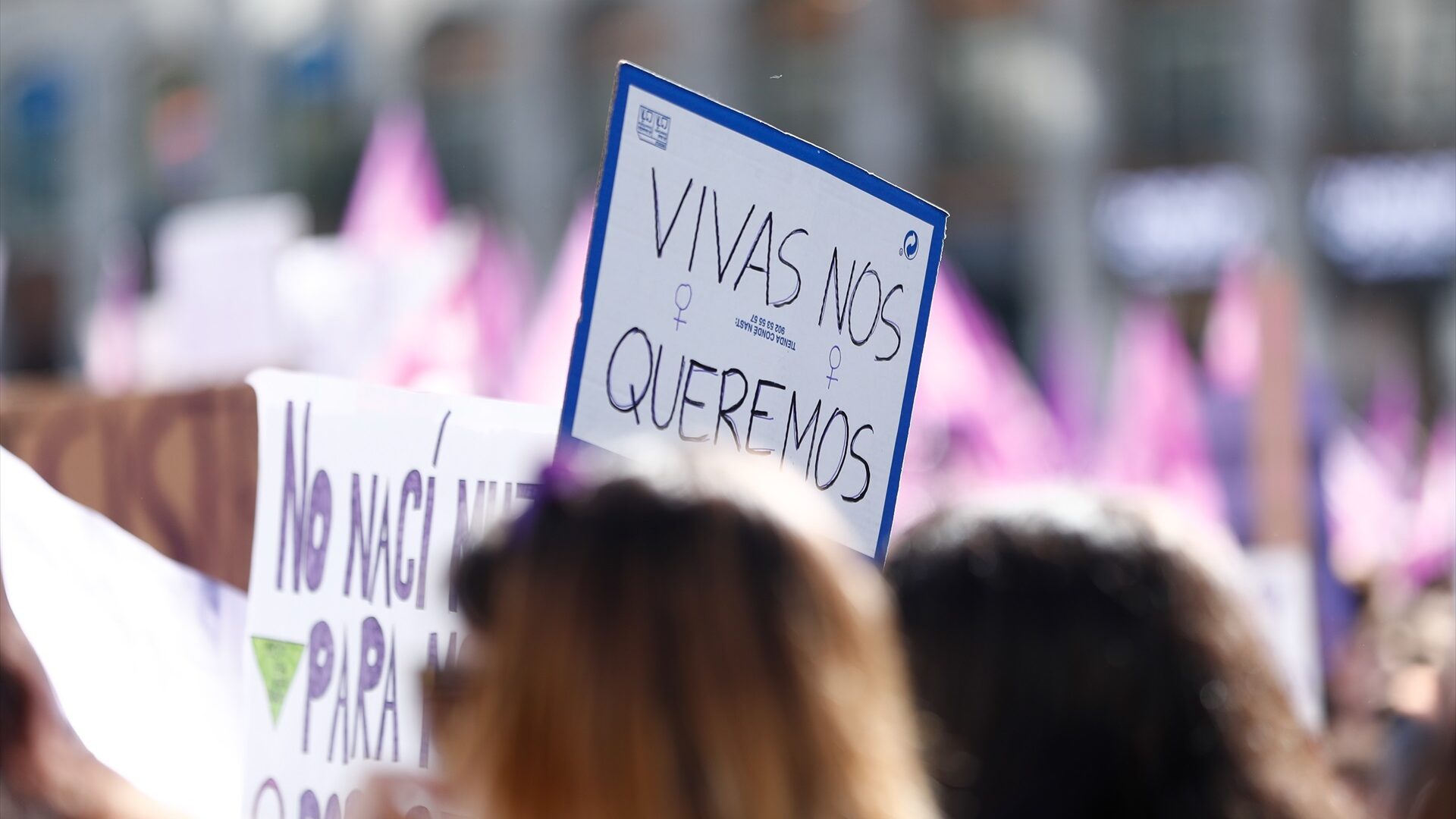 Una mujer con un cartel en el que reza 'Vivas nos queremos'.