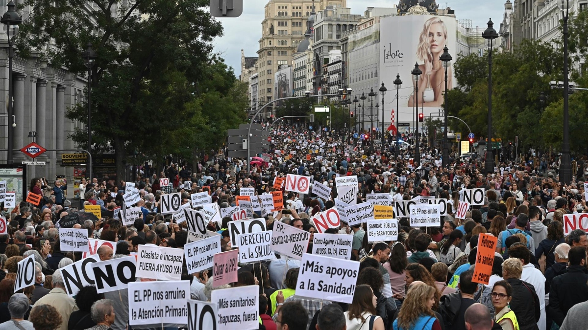 Un momento de la manifestación celebrada hoy sábado en Madrid en defensa de la Sanidad Pública