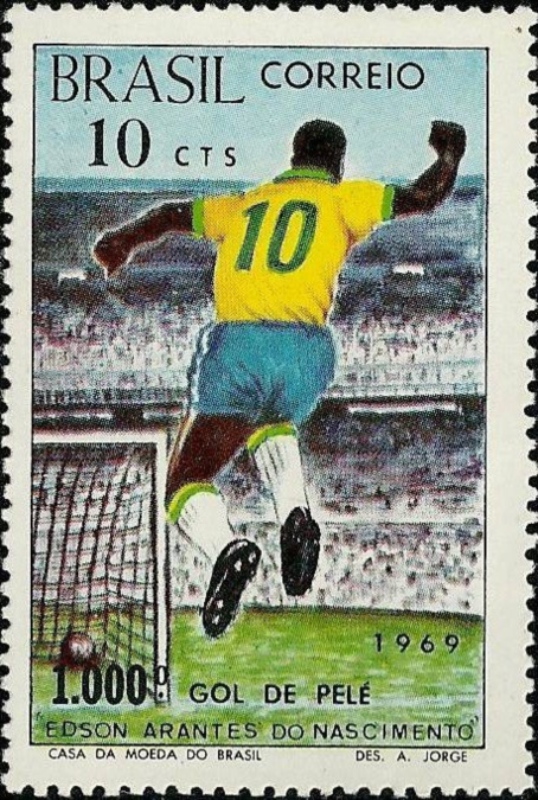Un sello de Brasil ilustrado con un dibujo de Pelé