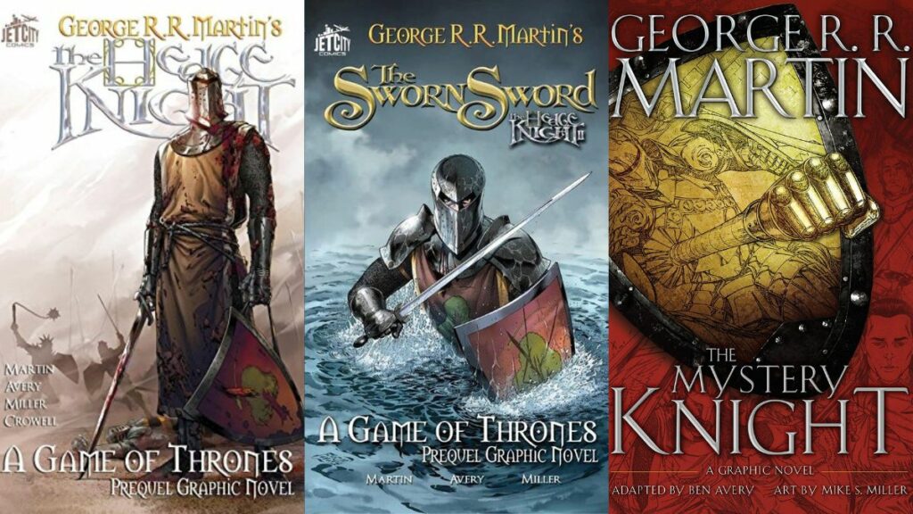 Portadas de las novelas 'The Hedge Knigh', 'The Sworn Sword' y 'The Mystery Knight', posibles estrenos de series en 2023