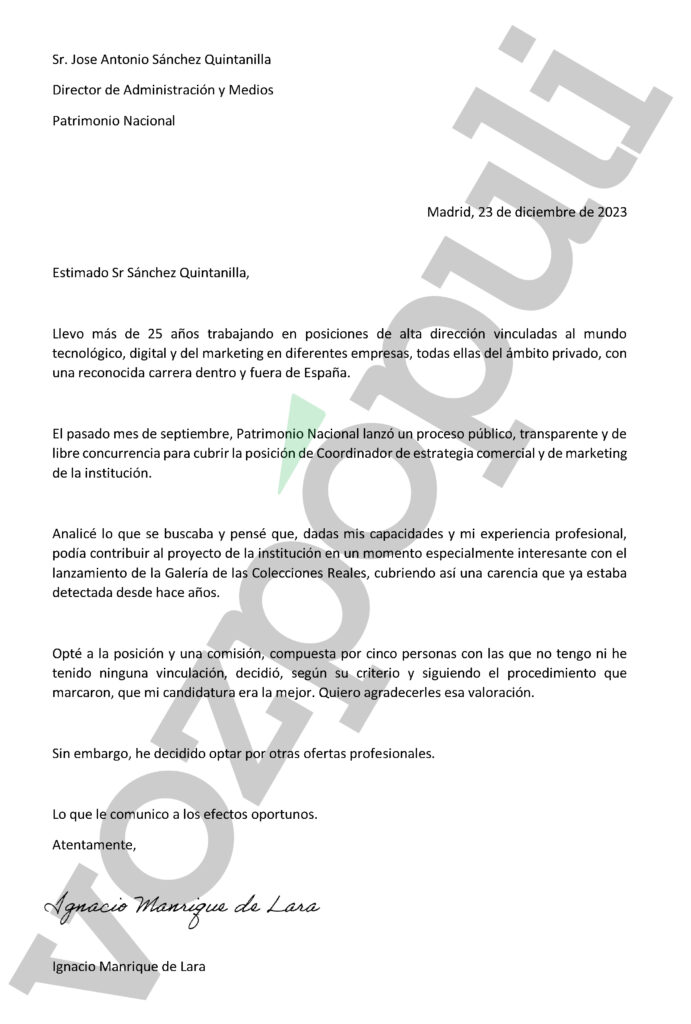 Carta de renuncia de Ignacio Manrique de Lara