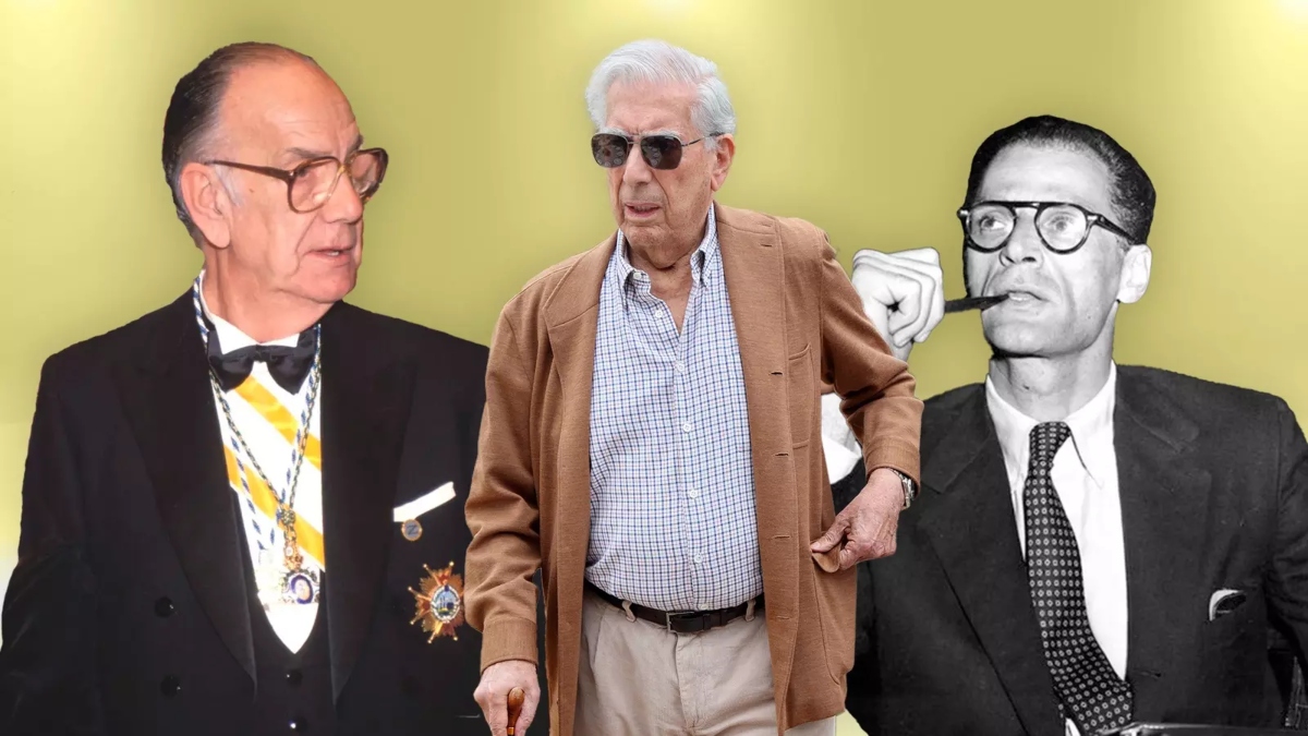 Camilo José Cela (i), Mario Vargas Llosa y Arthur Miller.