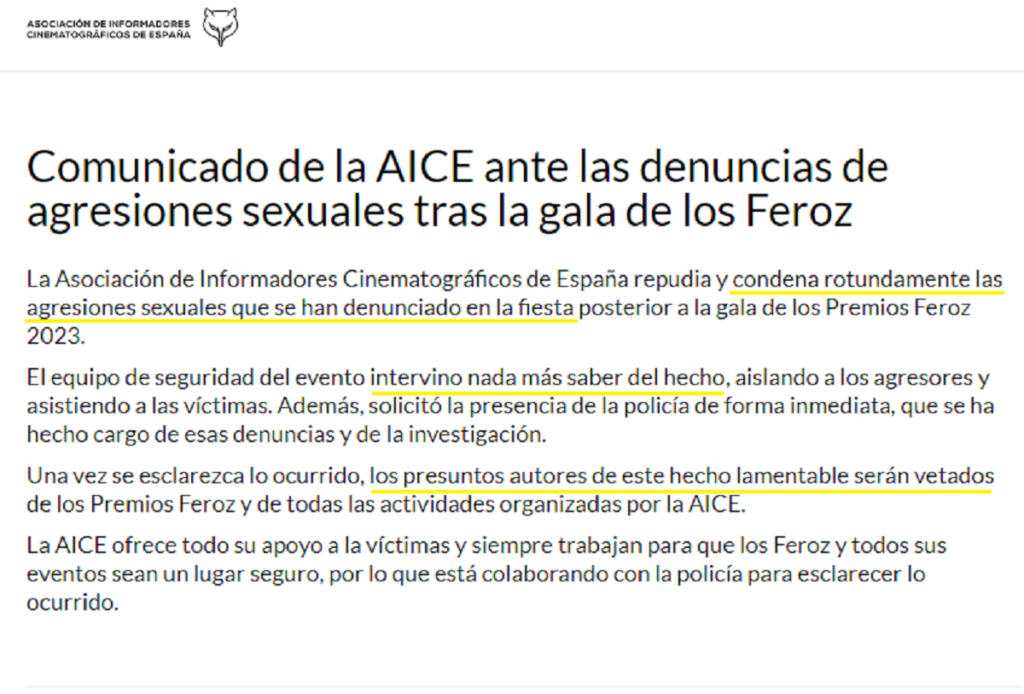 Comunicado de la AICE sobre las agresiones sexuales en los premios Feroz