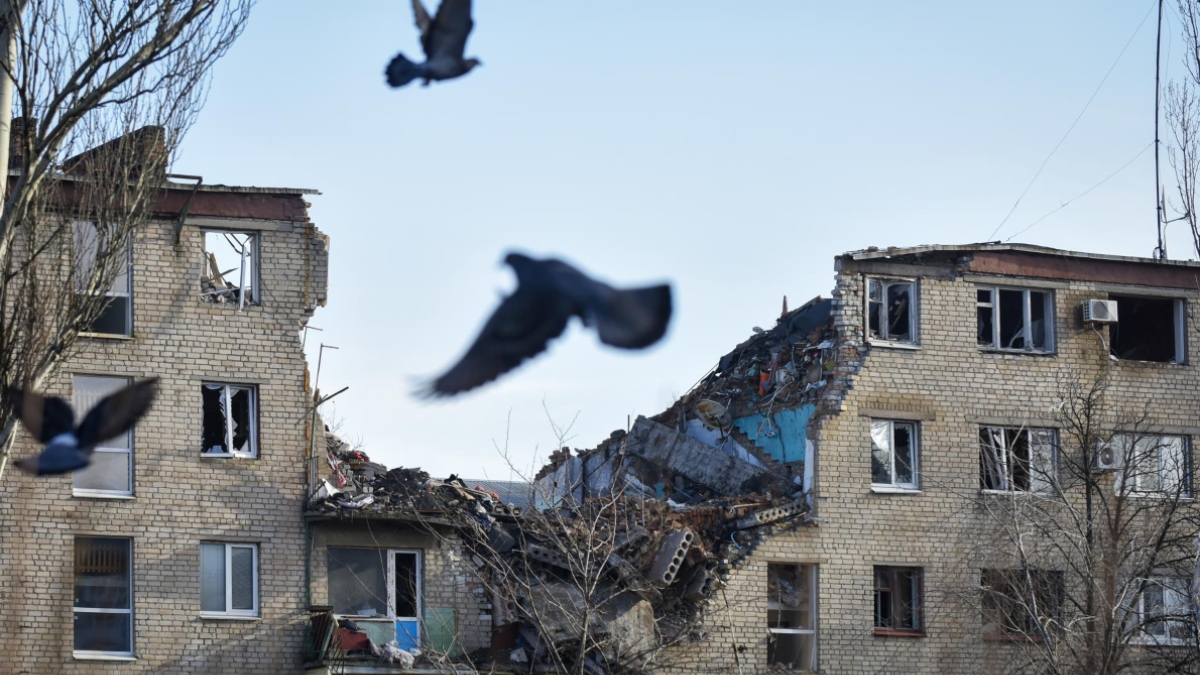 Un bando de palomas vuela frente a los restos de un bloque de apartamentos en la ciudad ucraniana de Bakhmut
