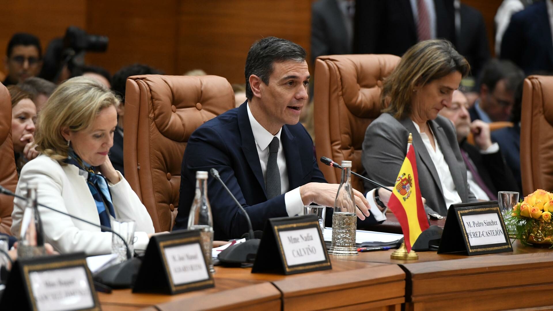 Nadia Calviño, Pedro Sánchez y Teresa Ribera en la cumbre de Rabat.