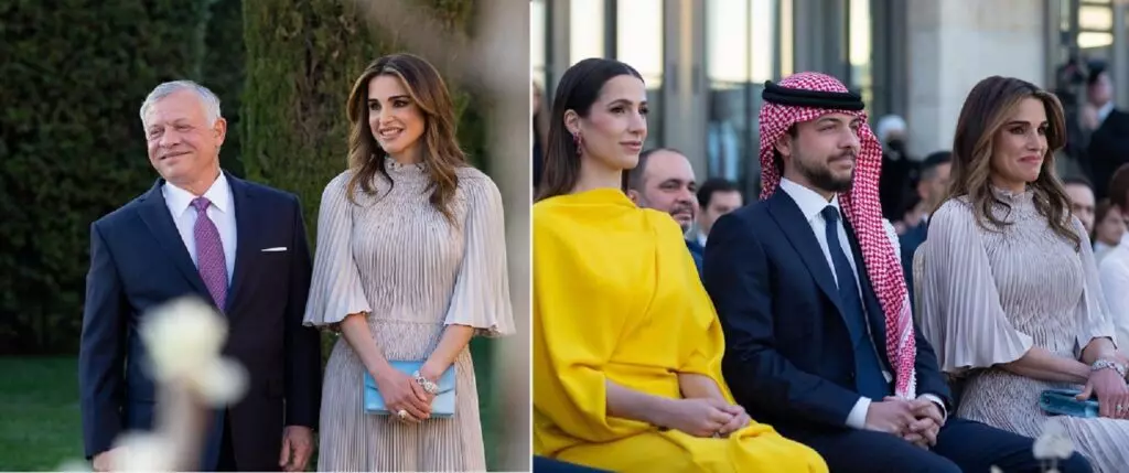 El rey Abdalá II y su mujer, la reina Rania de Jordania, con su hijo Hussein y su prometida