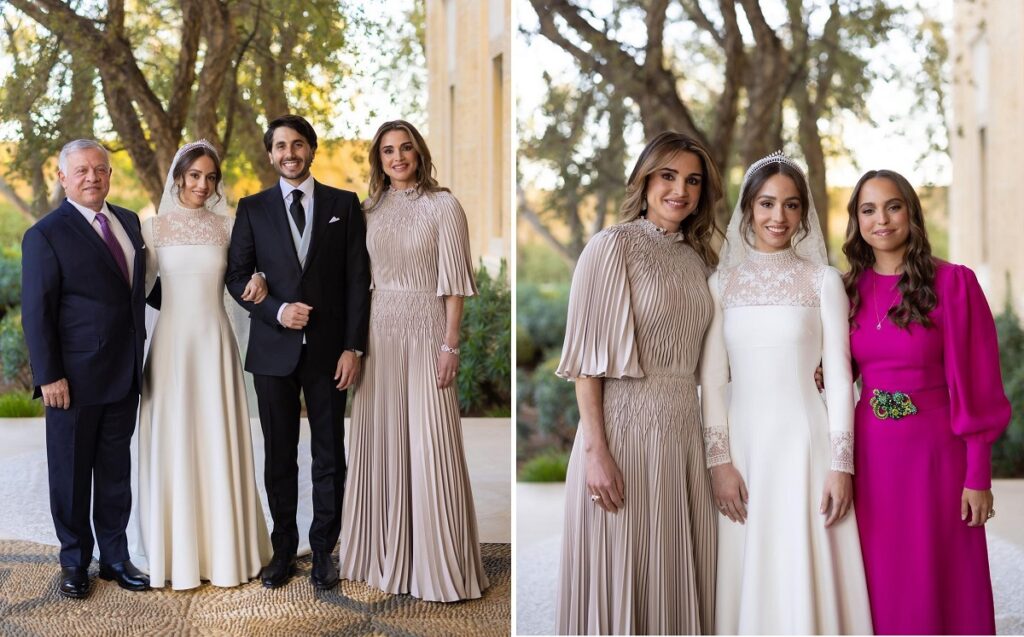 Los novios, con los reyes de Jordania, Rania y Abdalá II y en la otra foto, con la hermana de la novia