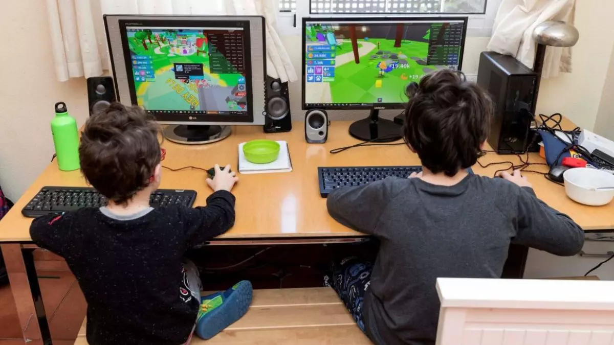 Dos niños juegan con sus ordenadores en Internet