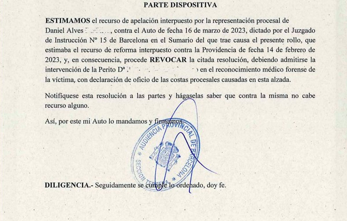 La Audiencia de Barcelona estima el recurso de apelación de Dani Alves y permite la presencia de una perito de la defensa en el examen médico-forense de la denunciante